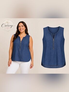 EUC Tommy Bahama Linen Sleeveless Zip-Front Top - Navy or Denim L